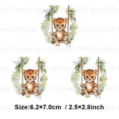 Baby Animal On Swings Heat Transfers For Kids Clothing Elephant Tigers Lion Stickers On Clothes Diy Thermal Patches Decals