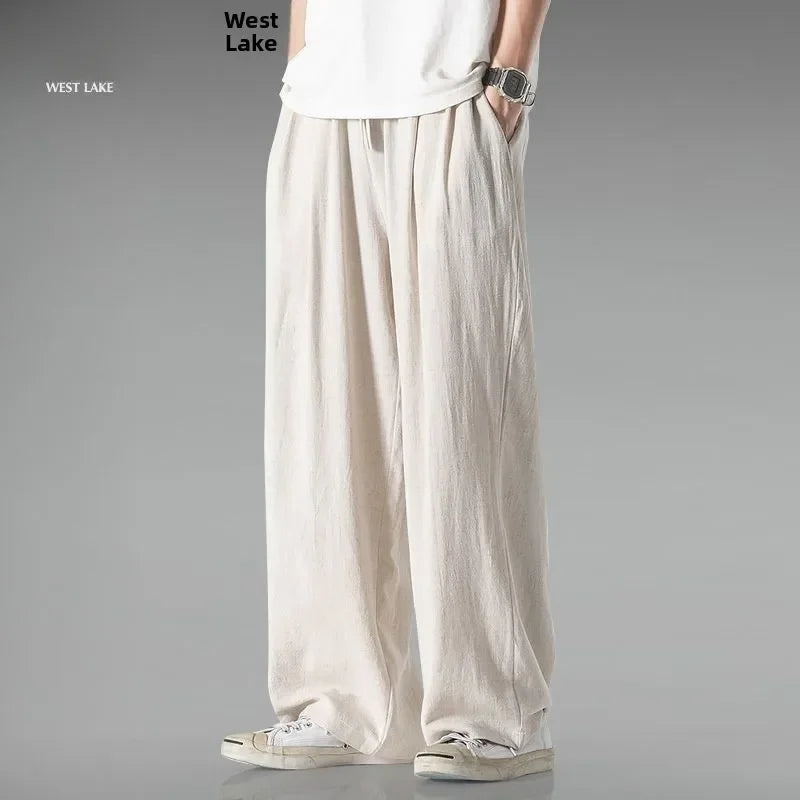 Summer Large Size Linen Cotton Wide Leg Pants Men Casual Comfortable Loose Fit Straight Leg Trousers Long Pants
