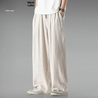 Summer Large Size Linen Cotton Wide Leg Pants Men Casual Comfortable Loose Fit Straight Leg Trousers Long Pants