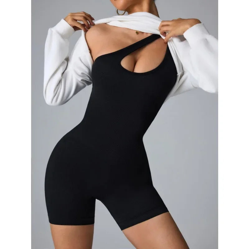 Women One Shoulder Sexy Jumpsuits Seamless Slim Short Bodysuit High Elastic Fitness Sport Yoga Clothes Black Knit Jumpsuit Woman