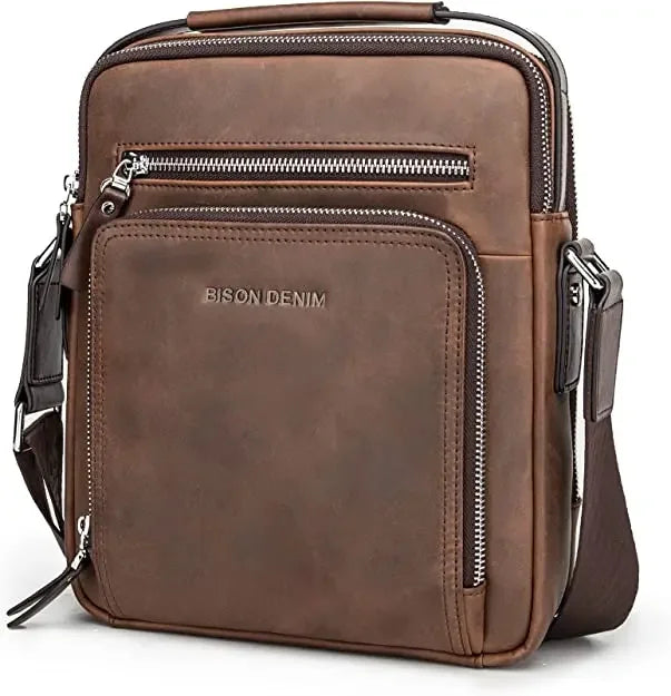 BISON DENIM Carbon Fiber Messenger Bag Men Casual Cowhide Leather Shoulder Crossbody Bag Gift Designer Handbags