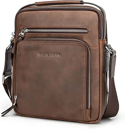 BISON DENIM Carbon Fiber Messenger Bag Men Casual Cowhide Leather Shoulder Crossbody Bag Gift Designer Handbags