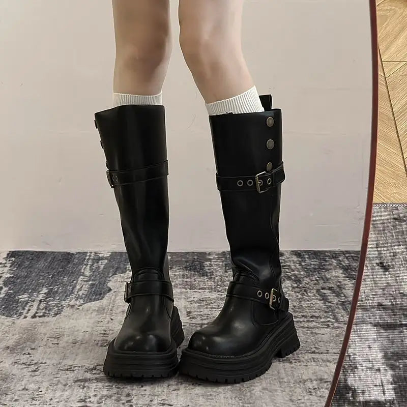 Women's Knee-High Boots Fashion Lapel Casual Leather Boots Non Slip Platform Boots for Women Trendy Knight Boot Botas Mujer2025