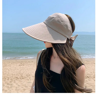 COKK Summer Hat Women Empty Top Foldable Sunhat Sunscreen Hats For Women Solid Color With Bow Ladies Hats Beach Cap Sun Hat