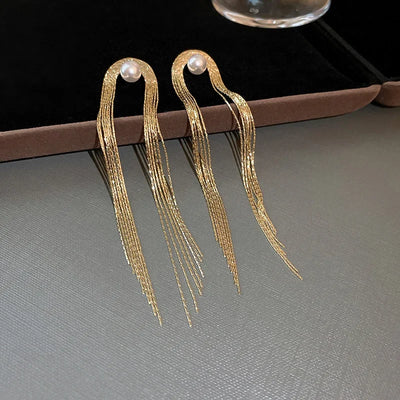 Fashion Statement Long Statement Gold Plated Bling Tassel Earring For Women Female Stainless Steel Wedding Daily Pendant Jewelry