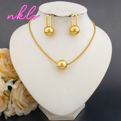 Fashion Bead Pendant Jewelry For Women Clip Earrings Set Gold Color Necklace Daily Wear Trendy Banquet Jewelry Accessories