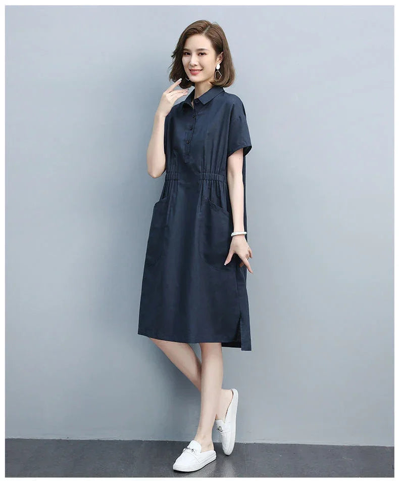 Summer Vintage Dresses for Women 2024 New Casual Loose Cotton Polo Collar Short Sleeve Office Lady Pleated Dresses Vestidos