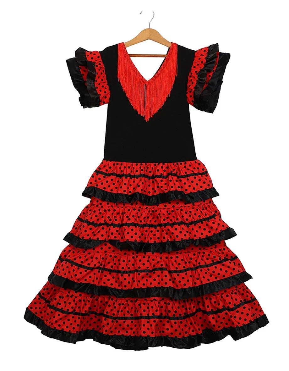 Dress Women 2025 Europe America Short Sleeve Midi Dress Traditional Spanish Dance Dress For Girls Festival Tassel Dot Dress
