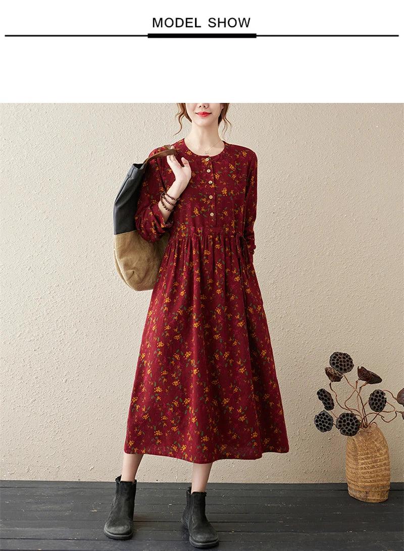 Long Sleeve Cotton Linen Vintage Floral Print Dresses For Women 2025 New Spring Autumn Casual Dress Robe Femme Elegant Clothing