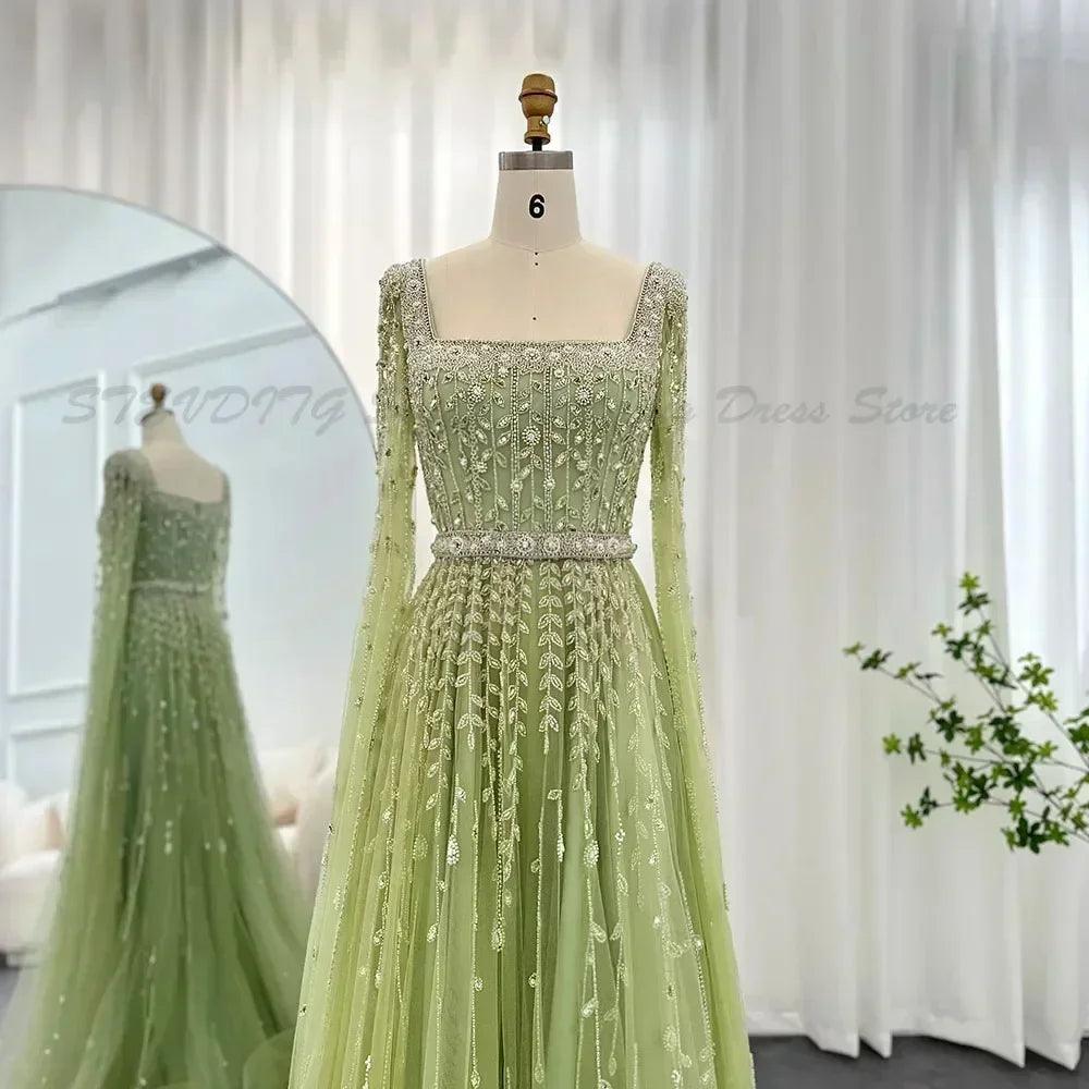 Luxury evening dresses women high quality floor length sweep train long sleeves prom party square collar banquet gowns