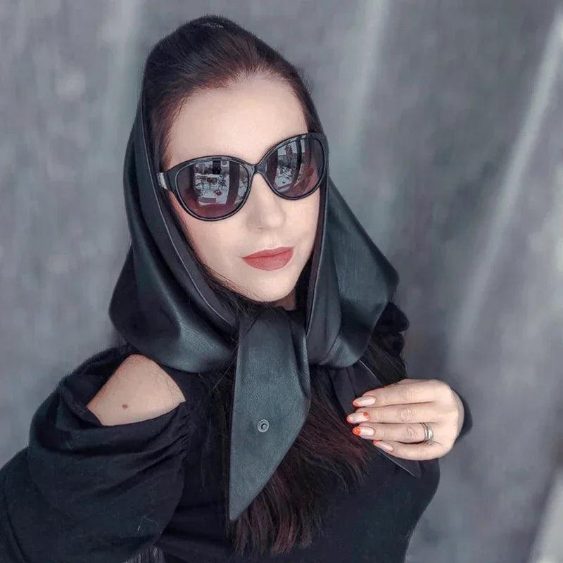 Designer woman Triangle Scarf Black Bandana men Unisex Faux leather kerchief eco-leather headscarf headdress Shawl Wrap