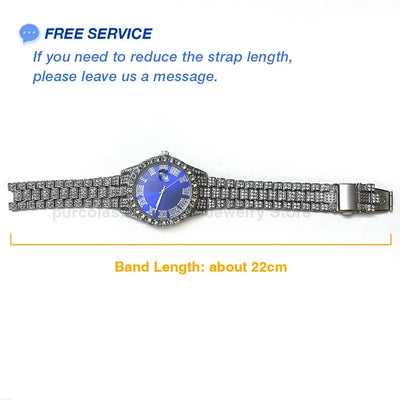 Personalized Hip Hop Watch with Shiny Rhinestones for Men, Luxury Clock, Band Length, Iced Steel Belt, 40mm Diameter Glass Dial