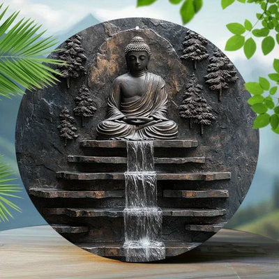 Wall art,Vintage Buddha Meditation Metal Wall Art -Sign with Serene Monk and Waterfall Design Yard,  Garden Wall Art
