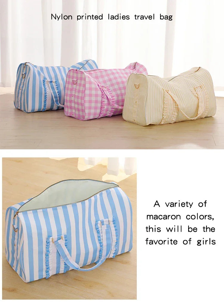 Nylon Duffel Bag Women Ruffle Duffle Gingham Weekend Sports Overnight Travel Vacation Gift Stripe Detachable Adjustable Strap