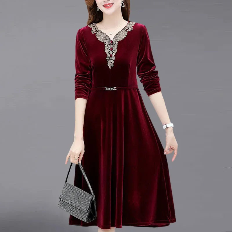 Elegant Purple Velvet Dress With Embroidered Lace V Neck And Belted Waist For Women Autumn Winter Casual Wear