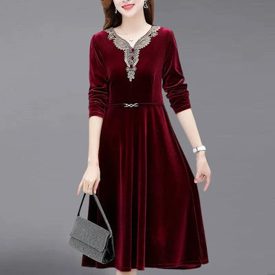 Elegant Purple Velvet Dress With Embroidered Lace V Neck And Belted Waist For Women Autumn Winter Casual Wear