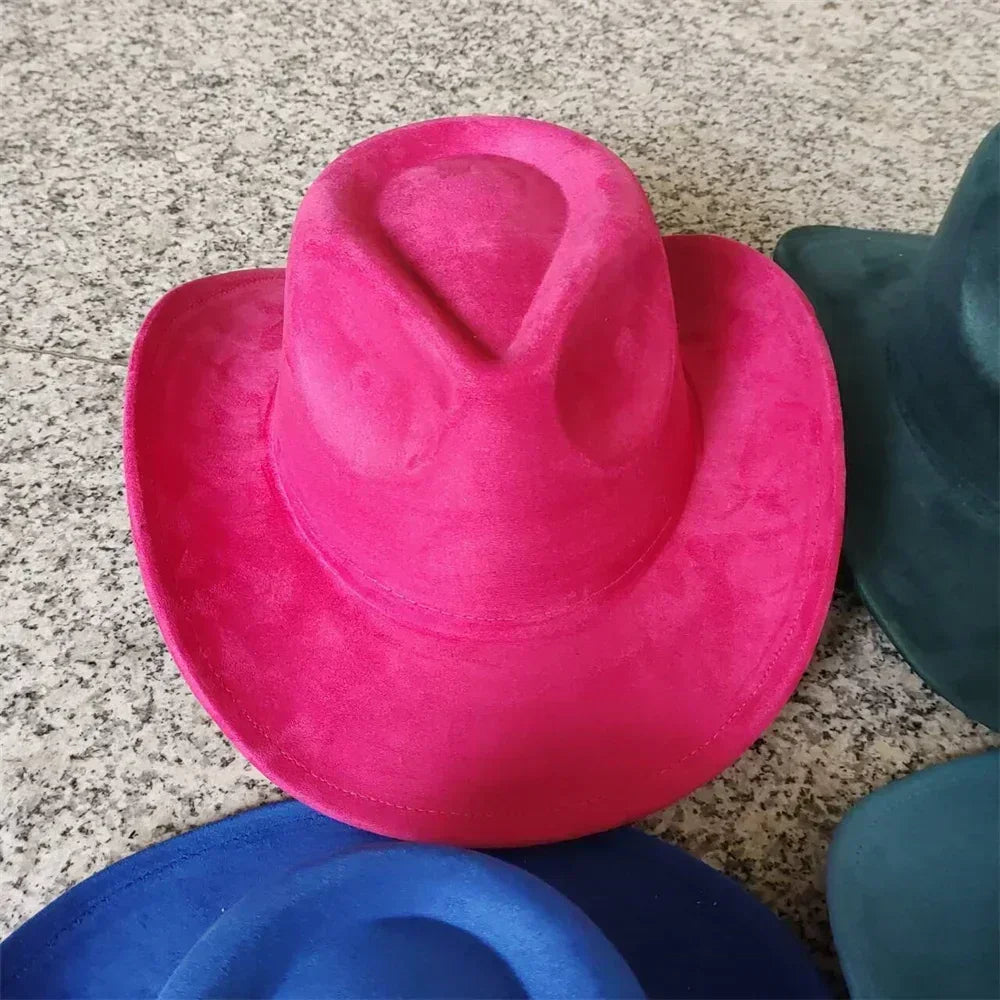 Classic suede leather 7.5cm western cowboy women’s fedora hat men’s church jazz fashion travel party denim 2024