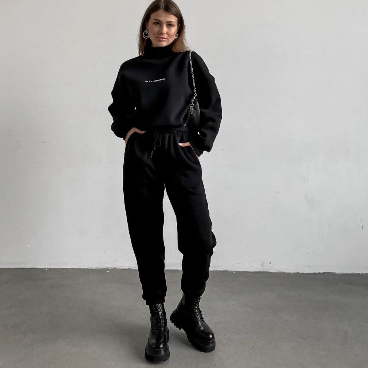 Sweatshirt  pant Women Letter Print Two Piece Set Casual Loose Suit High Waist Trousers Turtleneck Autumn Sweatpants Suits 2025