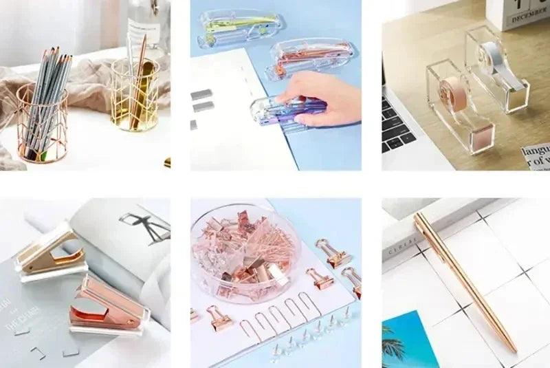 Complete office supplies set -acrylic stapler tape holder pen ballpoint pens scissors binder paper clip staples