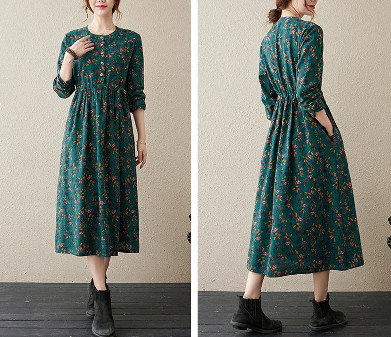 Long Sleeve Cotton Linen Vintage Floral Print Dresses For Women 2025 New Spring Autumn Casual Dress Robe Femme Elegant Clothing