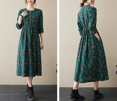 Long Sleeve Cotton Linen Vintage Floral Print Dresses For Women 2025 New Spring Autumn Casual Dress Robe Femme Elegant Clothing