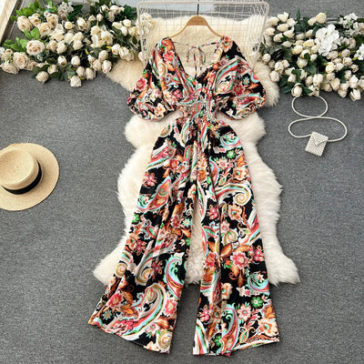 V Neck Sexy Dolman Sleeves Waist Slim Polka Dot Print Jumpsuit Women Wide Leg Trousers Jumpsuit