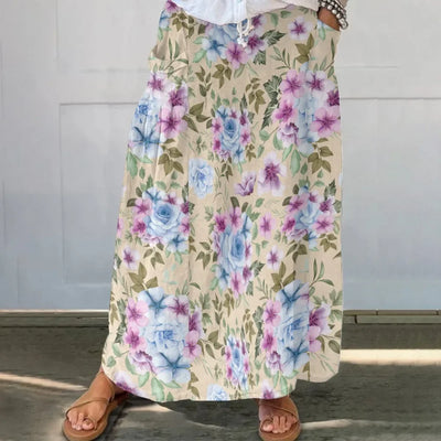 Women‘s Summer Floral Print Skirts Casual Trendy Pleated Skirts with Pockets Elastic High Waist Flowy Loose Skirts Holiday Dress