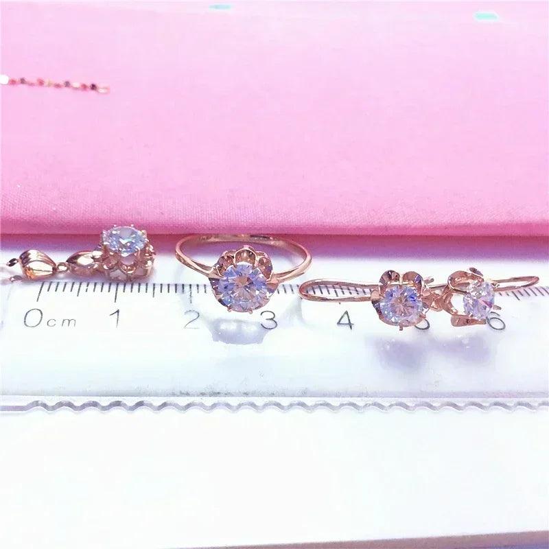 White shiny flower jewelry set plated rose gold earrings for women charms rings necklace elegant light luxury necklaces