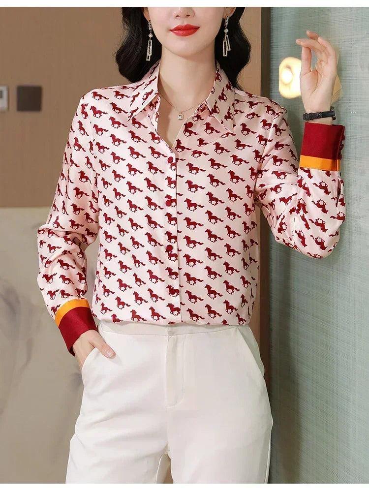 Women satin silk shirts g horse print