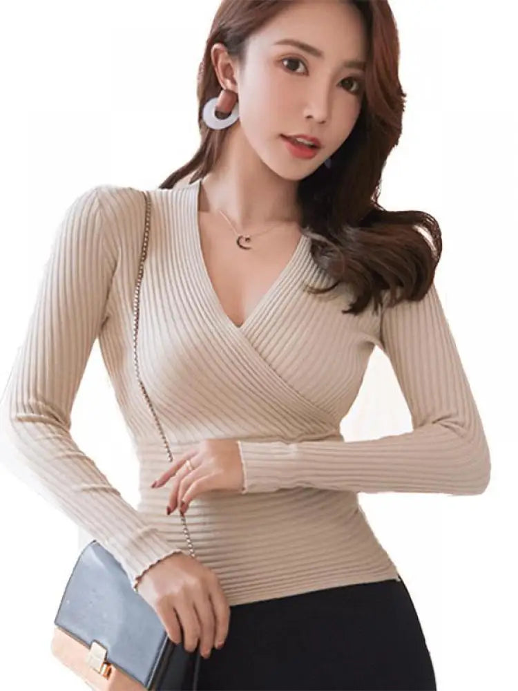 Short Basic Sweaters Women 2025 Sexy Deep V Neck Sweater Women's Pullover Slim Bottoming Sweaters Female Elastic Cotton Tops