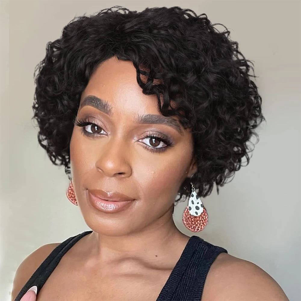 Short Curly Human Hair Wigs for Black Women Pixie Curly Bob Wig Glueless Side Part Kinky Curly Deep Curly Human Hair No Lace Wig