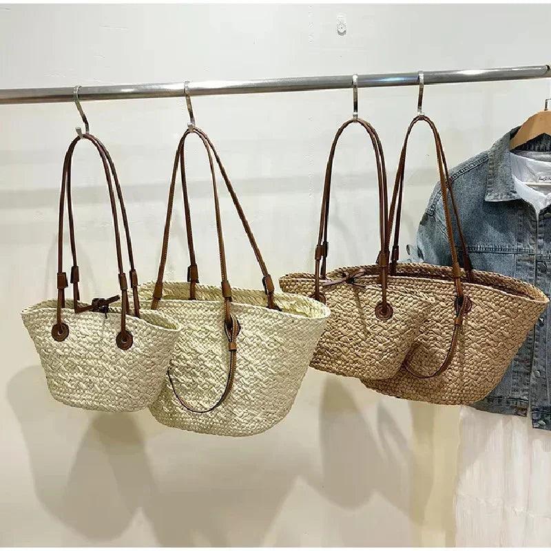 Designer bohemian chic shoulder bag,solid color large capacity straw woven tote bag,nature-inspired beach vacation