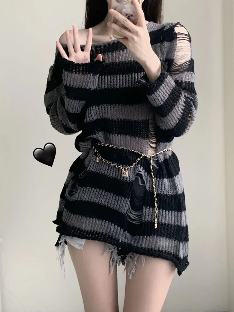 Gothic Sweaters Women Ripped Holes Loose Knitted Purple Striped Pullover Frayed Fairy Grunge Jumpers Emo Streetwear Lolita