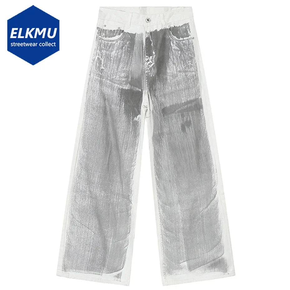 Men's White Baggy Jeans Dirty Printed Grunge Y2K Loose Straight Denim Pants Harajuku Oversized Streetwear Jeans Trousers Male