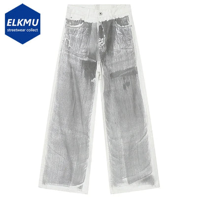 Men's White Baggy Jeans Dirty Printed Grunge Y2K Loose Straight Denim Pants Harajuku Oversized Streetwear Jeans Trousers Male