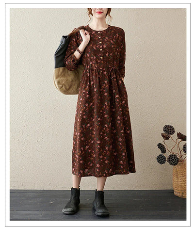 Long Sleeve Cotton Linen Vintage Floral Print Dresses For Women 2025 New Spring Autumn Casual Dress Robe Femme Elegant Clothing