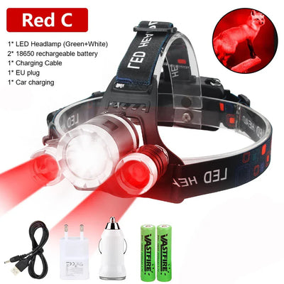 Hunting Headlamp Red+White Dual Light Rechargeable Fixed Focus Waterproof 4Modes Headlight Hunting Camping Hiking Working Light