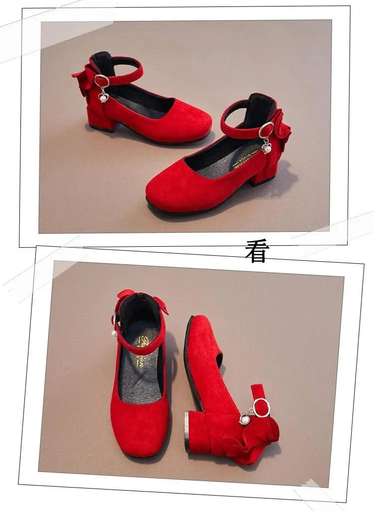 Kids Velvet Black, Pink, Red Leather High Heeled Shoes 3-15T | Girl's Princess Shoes For Party, Wedding, Dance | Children's Fashion