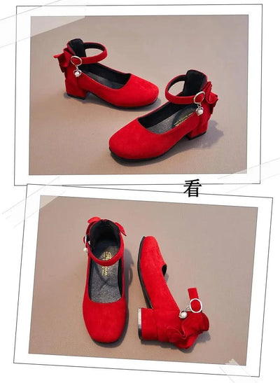 Kids Velvet Black, Pink, Red Leather High Heeled Shoes 3-15T | Girl's Princess Shoes For Party, Wedding, Dance | Children's Fashion