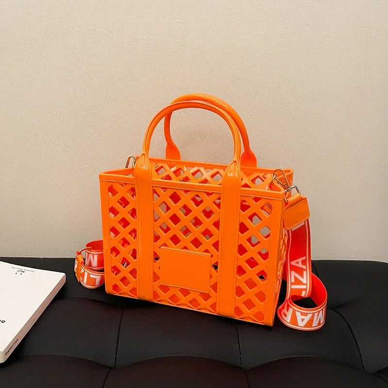 Designer Tote Bag For Women Brand Hollow Out Shoulder Bag 2025 New Travel Beach Handbag Purple Bag Fashion Shopper Purse