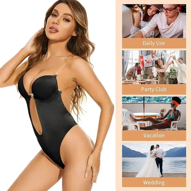 Invisible Bodysuit Women Thong Shaper Body Shapewear Sexy Deep V-Neck Backless Corset Plunge Padded Push Up Slimming Underwear