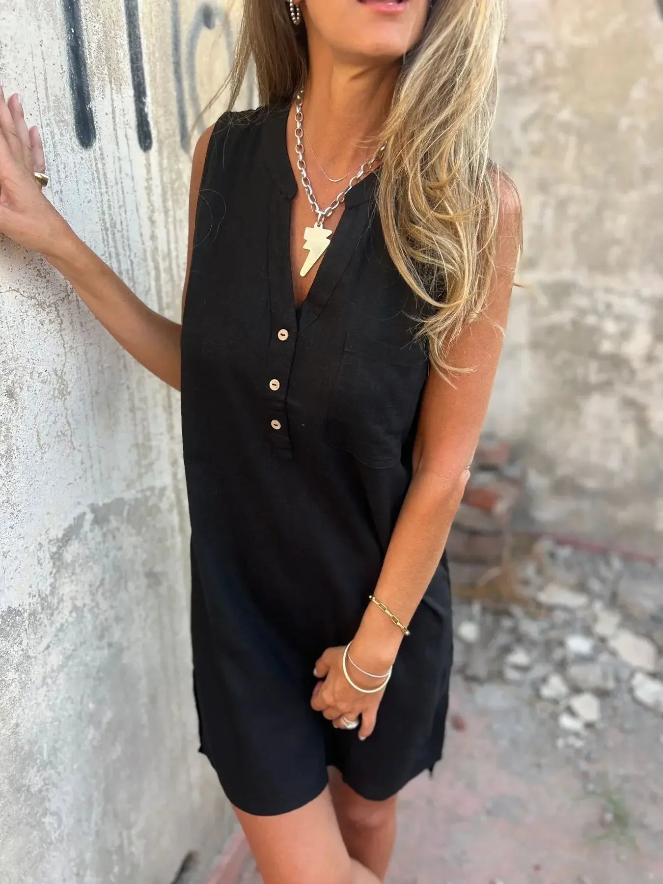 2025 Fashion Casual Cotton Linen Dresses For Women Summer Sleeveless Button Pocket Deep V Neck Party Mini Female Dresses Blue