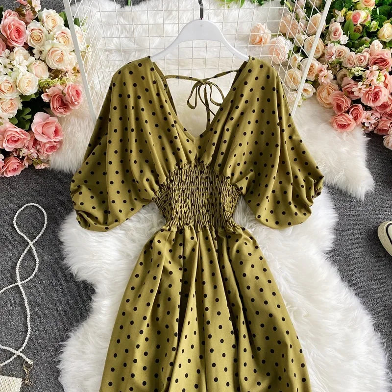 V Neck Sexy Dolman Sleeves Waist Slim Polka Dot Print Jumpsuit Women Wide Leg Trousers Jumpsuit