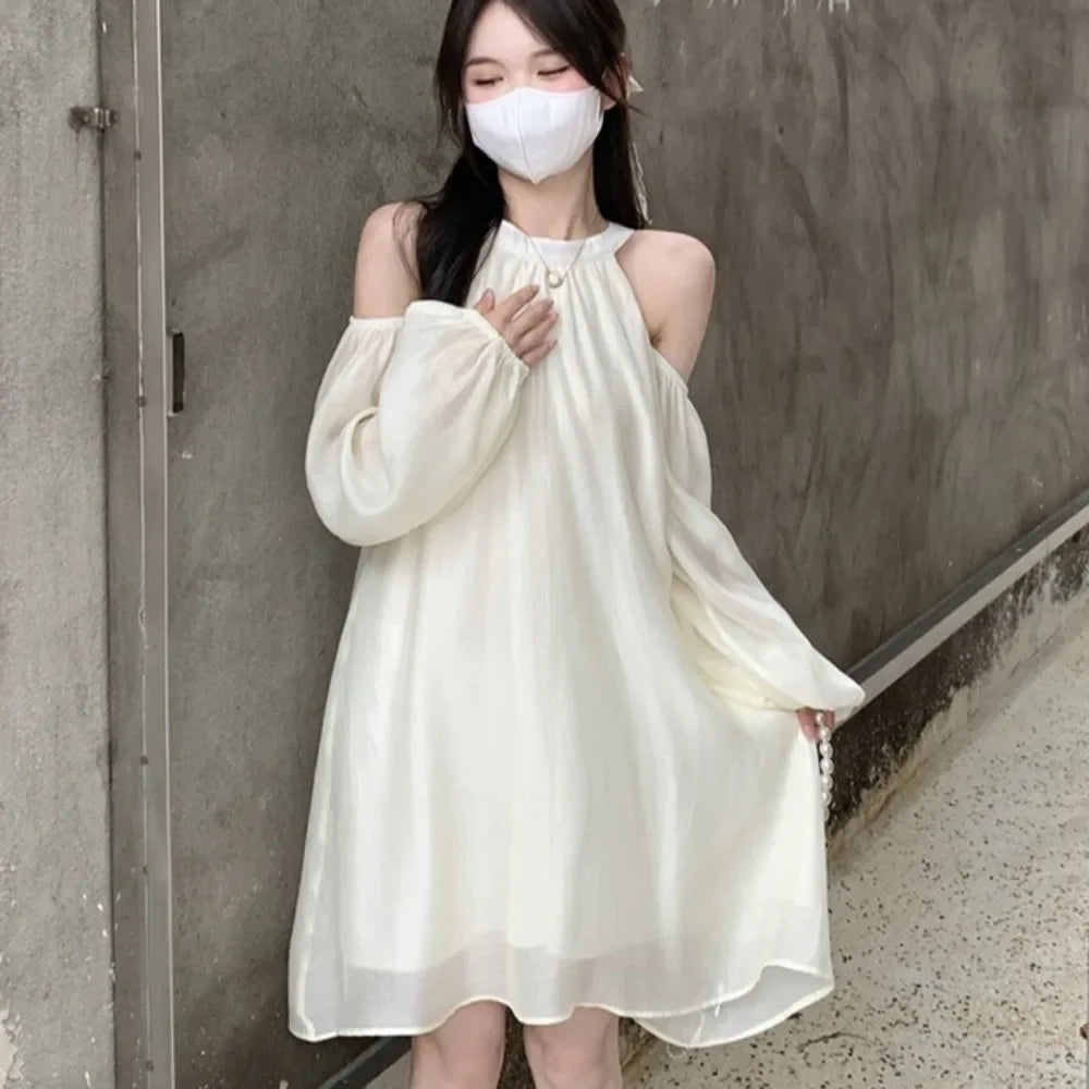 A-line Off Shoulder Halter Dress Off Shoulder Hanging Neck Lace-up Short Skirts Beachwear Sweet Girl Style Dresses Women Summer