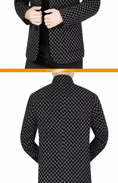 High Quality Men's Blazers Business Casual Stand Collar Woolen Jacket Classic Plaid Retro Versatile Tops Streetwear Coats