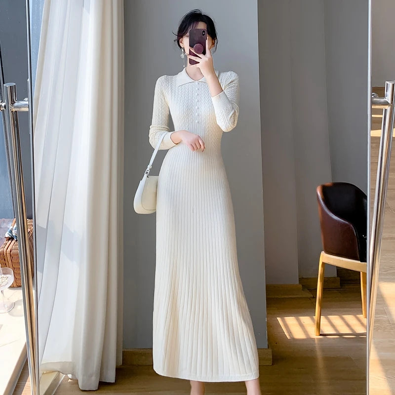Sweater Dress Women New 2025 Autumn Winter Purple White Or Black High Waist A Line Dress Elegant Long Knitted Dress