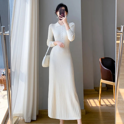 Sweater Dress Women New 2025 Autumn Winter Purple White Or Black High Waist A Line Dress Elegant Long Knitted Dress