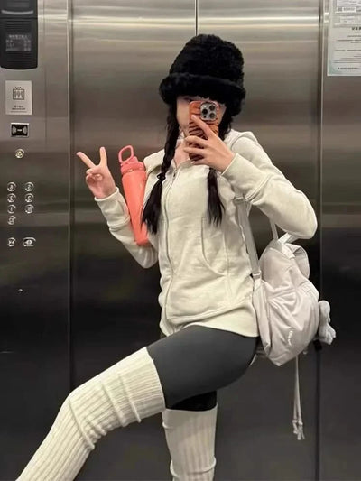 Deeptown American Vintage Cropped Hoodies Women Korean Style Streetwear Grey Zip Up Hooded Sweatshirt Casual Y2k Slim Hood Shirt