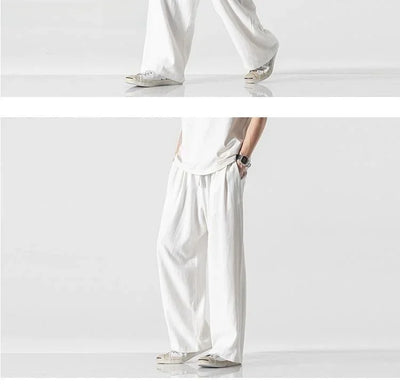 Summer Large Size Linen Cotton Wide Leg Pants Men Casual Comfortable Loose Fit Straight Leg Trousers Long Pants