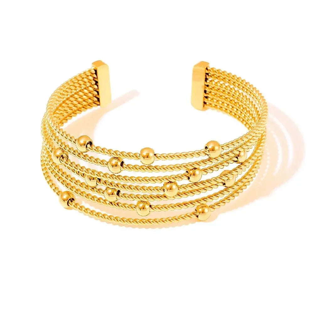 Statement Modern Luxury C Shape Stainless Steel Multi-Layers Gold Ball Beads Cuff Bracelet Bold Chunky Big Stack Bangles Jewelry